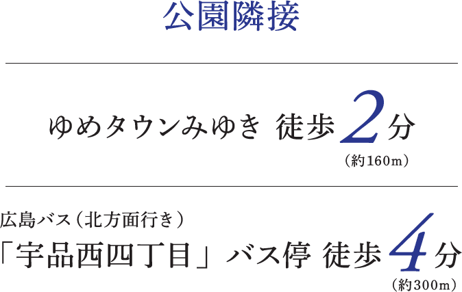 公園隣接 ゆめタウンみゆき徒歩2分 広島バス(北方面行き)「宇品西四丁目」バス停 徒歩4分