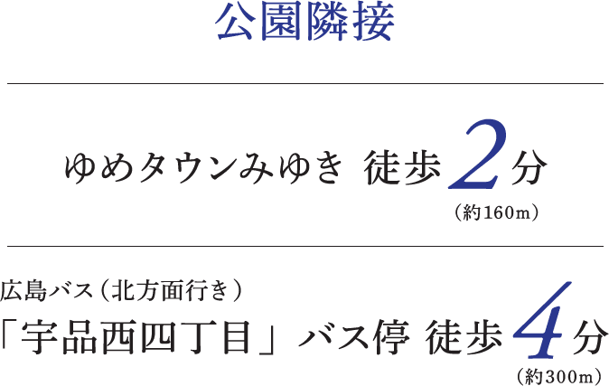 公園隣接 ゆめタウンみゆき徒歩2分 広島バス（北方面行き）「宇品西四丁目」バス停 徒歩4分