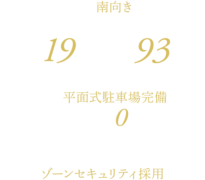 高層階19建て 全93戸 全戸平面式駐車場完備月額使用料0円〜＊1 全戸南向き 確かな安心感をもたらすゾーンセキュリティ採用